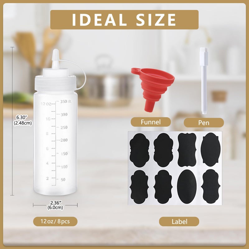 Belinlen 8 Pack 12 oz Plastic Squeeze Squirt Condiment Bottles with Cap Lids - Perfect for Condiments, Oil, Icing, Liquidsâ€“Set of 8 with extra 1 Silicone Funnel, 8 Chalk Labels and 1 Pen - Image 2
